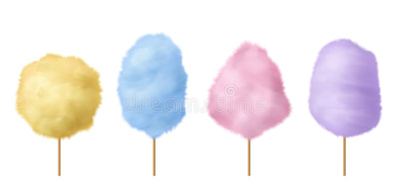 Cotton candy. Sweet sugar candyfloss pink, blue and yellow yummy fluffy dessert with stick, traditional carnival or