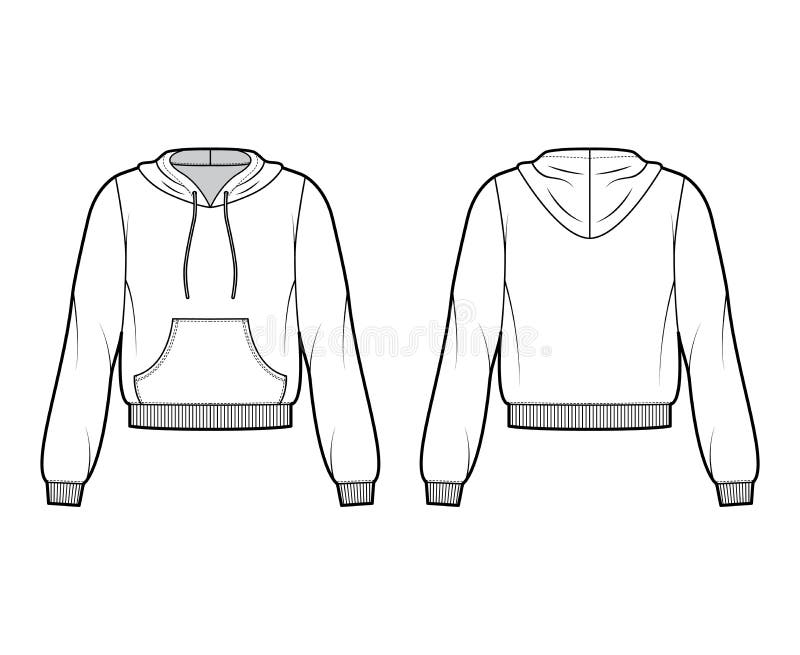 Cotton-fleece hoodie technical fashion illustration with relaxed fit, long sleeves, ribbed trims, front pocket. Flat jumper apparel template front, back, white color. Women, men, unisex sweatshirt top. Cotton-fleece hoodie technical fashion illustration with relaxed fit, long sleeves, ribbed trims, front pocket. Flat jumper apparel template front, back, white color. Women, men, unisex sweatshirt top