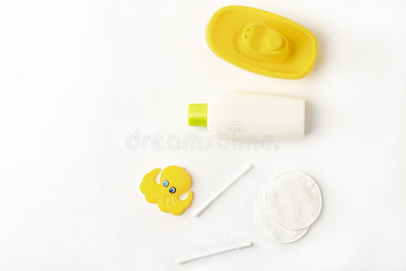 Mock Up Of Baby Bath Products: Yellow Bottle For Shampoo Shower Gel, Lotion, Towel And Cotton ...
