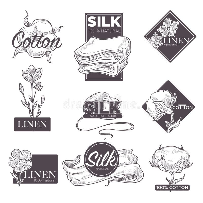 Cotton and Silk Linen Vector Textile Labels Sketch Stock Vector