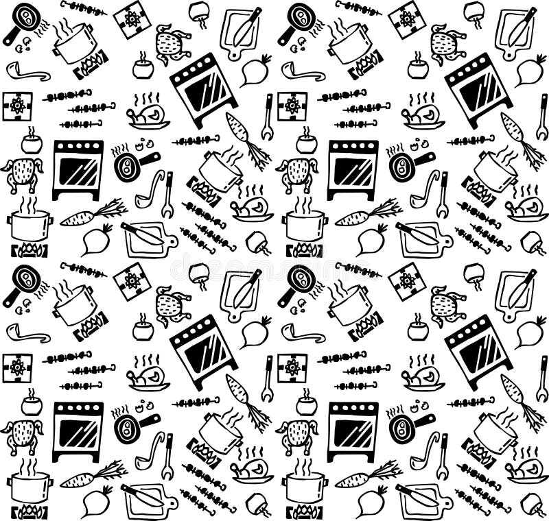 Cottura del modello senza cuciture in bianco e nero delle icone degli oggetti illustrazione di stock Cottura del modello senza cuciture in bianco e nero delle icone degli oggetti illustrazione di stock