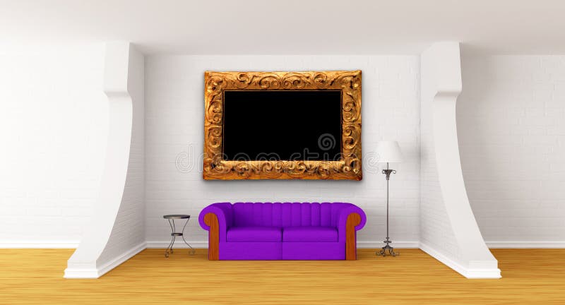 Couch, table and standard lamp in modern gallery vector illustration