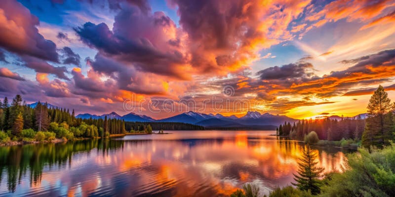 Coucher de soleil flamboyant reflété dans les eaux calmes d'un lac de montagne une symphonie colorée de natures beauté illustration libre de droits