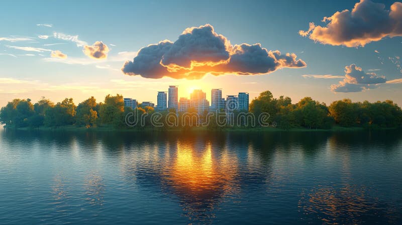Coucher de soleil surplombant la ville reflétant les eaux calmes d'un lac tranquille illustration de vecteur