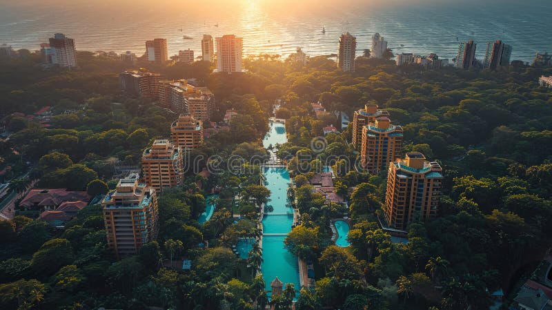 Coucher de soleil vue aérienne d'un luxueux resort en fleurs illustration libre de droits