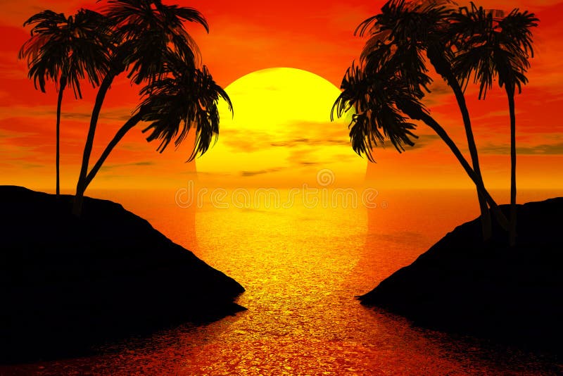 Dessin Coucher De Soleil Avec Palmier Coucher Du Soleil Avec Le Palmier Illustration Stock - Illustration du
