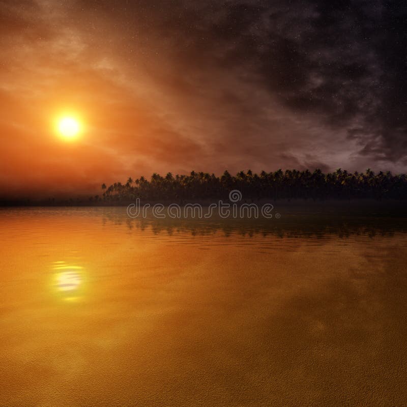 Coucher du soleil d'imagination sur l'environnement tropical illustration stock Coucher du soleil d'imagination sur l'environnement tropical illustration stock