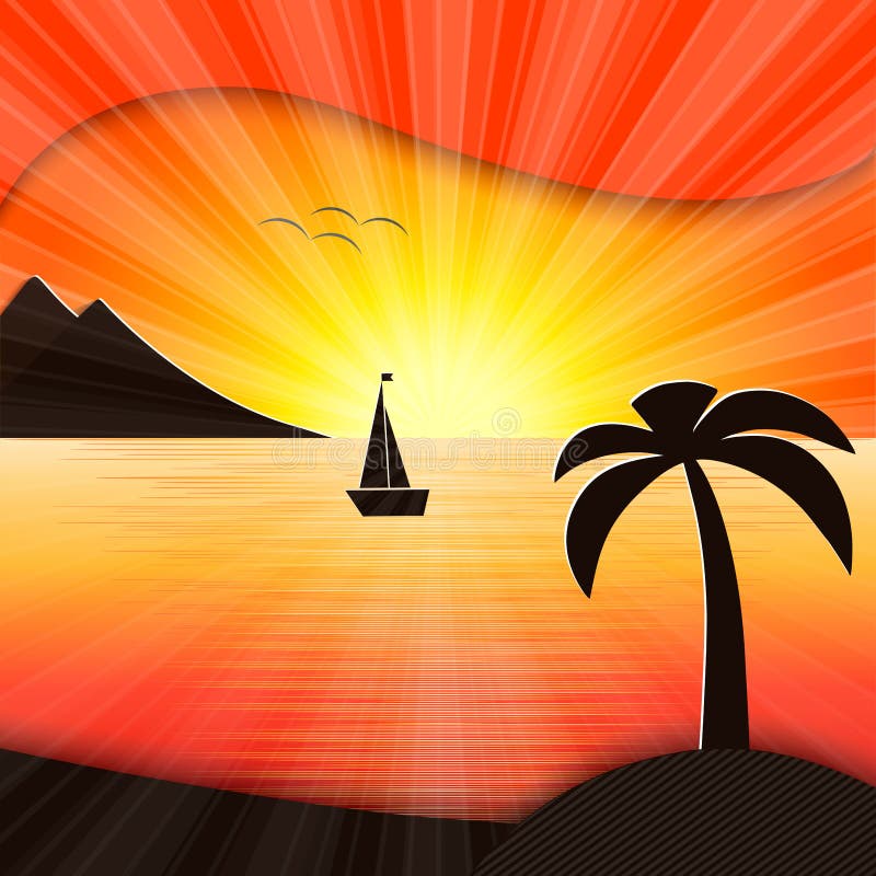 Coucher du soleil dans l'illustration de mer illustration stock Coucher du soleil dans l'illustration de mer illustration stock