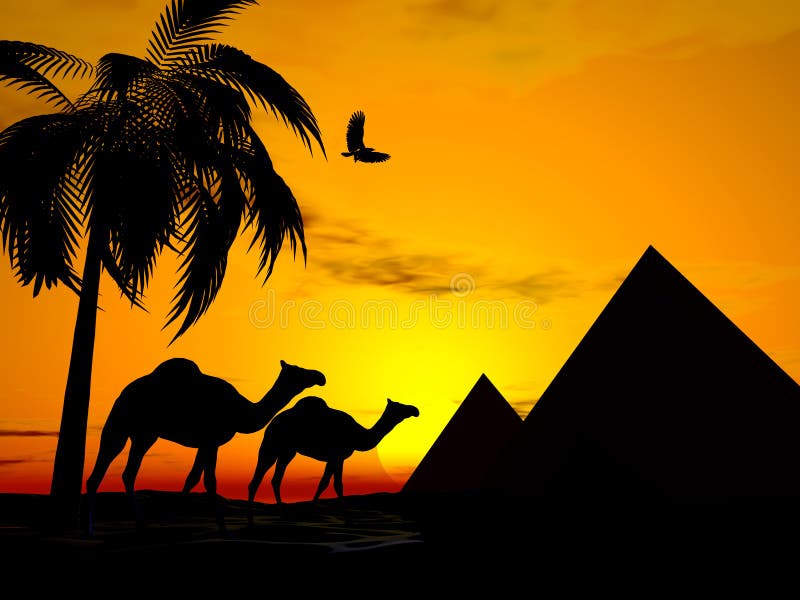 Illustration of Camels walking in desert sunset, pyramids in background, scene framed with palm trees. Travel concept. Illustration of Camels walking in desert sunset, pyramids in background, scene framed with palm trees. Travel concept.