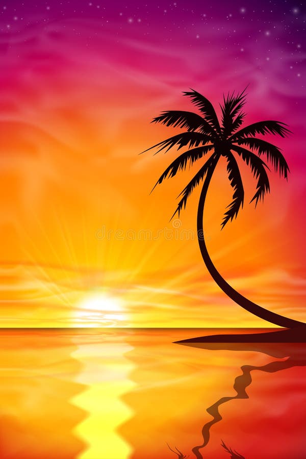 Dessin Coucher De Soleil Avec Palmier Coucher Du Soleil, Lever De Soleil Avec Le Palmier Illustration de