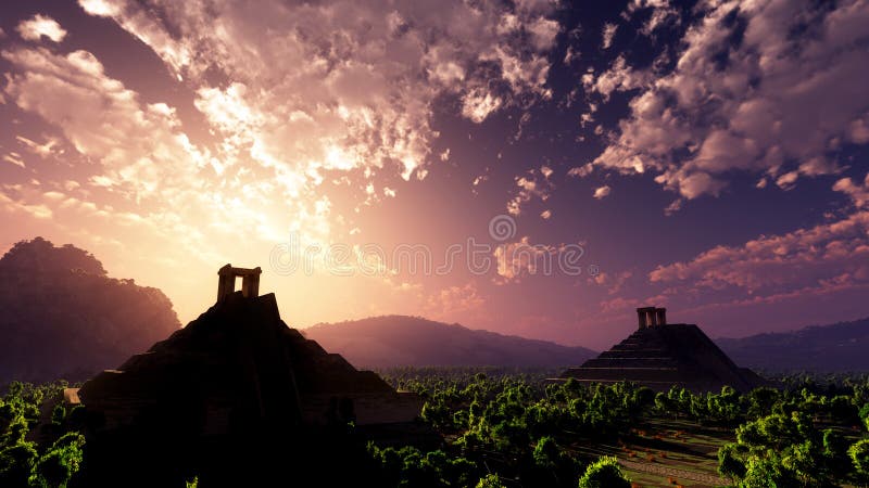 Coucher du soleil maya de temple illustration stock Coucher du soleil maya de temple illustration stock