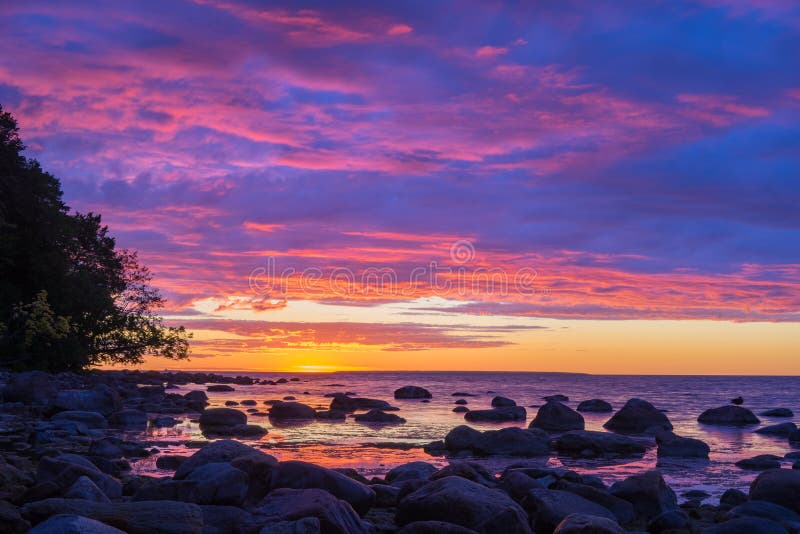 Coucher du soleil vif au-dessus de côte pierreuse de mer baltique image stock Coucher du soleil vif au-dessus de côte pierreuse de mer baltique image stock
