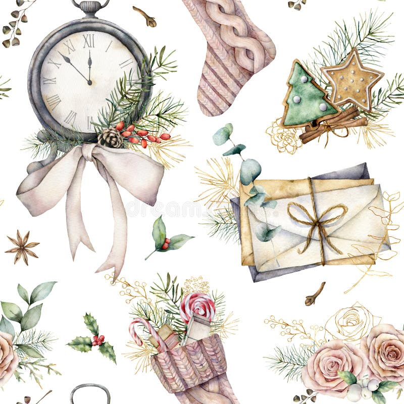Couleur d'eau, motif de Noël transparent avec horloge et soie Branches de sapin peintes à la main, enveloppes et biscuits isolés illustration de vecteur