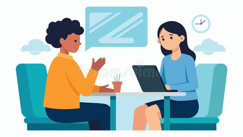 A counselor sitting across from a worried student explaining the steps of the appeal process.. Vector illustration.