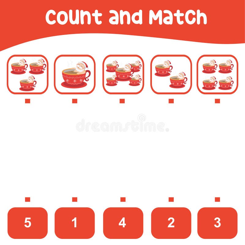 Math worksheet for kids. Count and match Santa bathing in the warm cacao drink image with the number. vector illustration