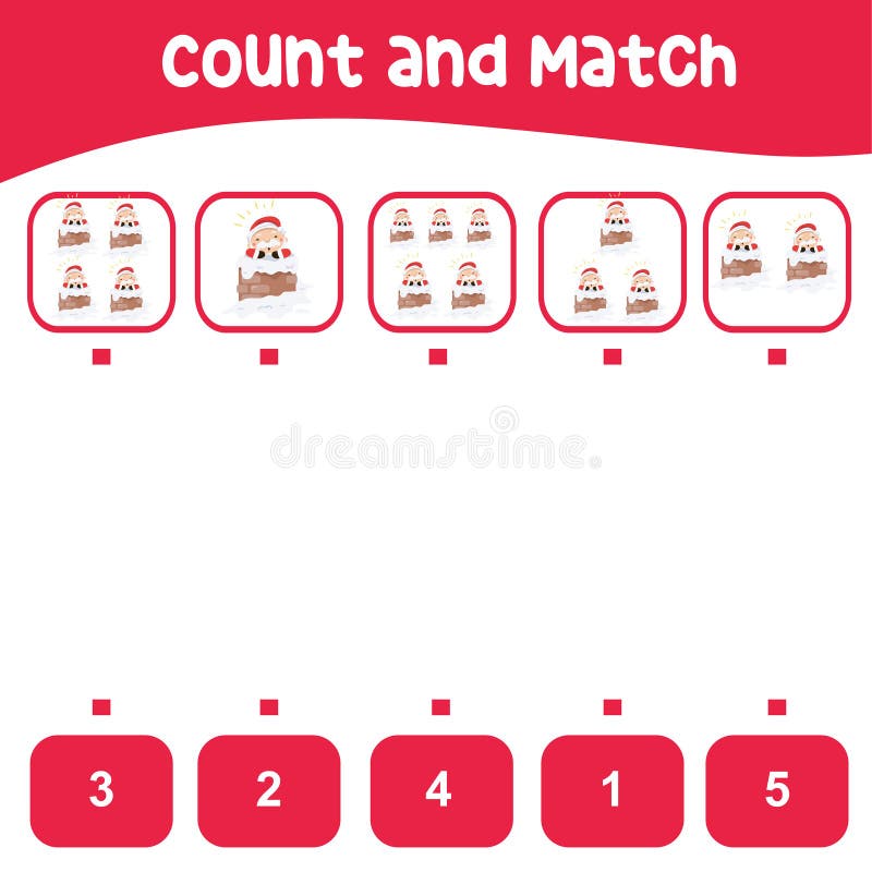 Count and match the Santa Claus stuck in the chimney image with the number stock illustration