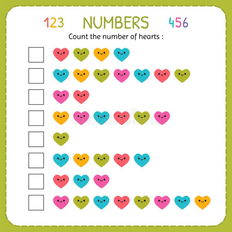 Count The Number Of Hearts Worksheet For Kindergarten And Preschool Training To Write And Count Numbers Exercises For Children Stock Vector Illustration Of Exercise Child