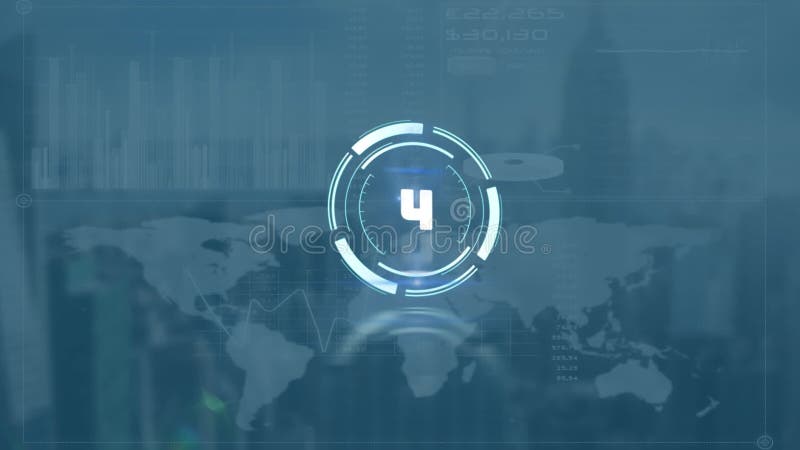 Countdown-Timer über Rund-Scanner über Weltkarte und digitale Schnittstelle mit Datenverarbeitung vektor abbildung