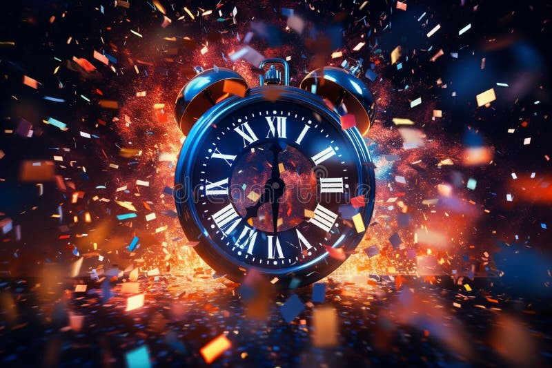 Countdown to midnight clock surrounded by stock illustration