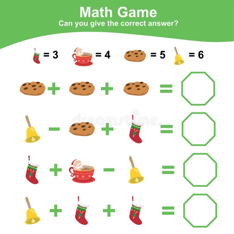 Math game worksheet for kids with Christmas edition. vector illustration