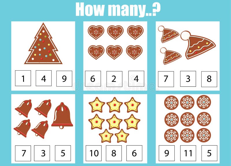 Counting educational children game, kids activity. How many objects task. New Year and christmas theme royalty free illustration
