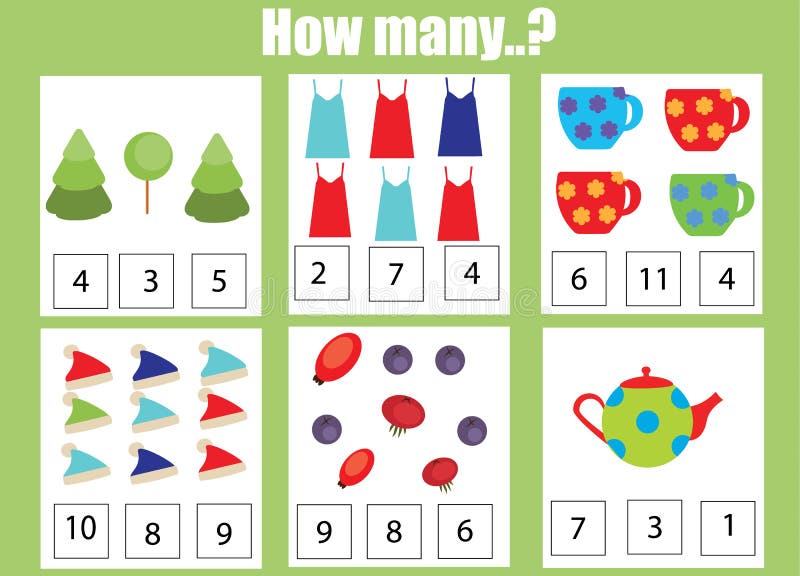 Counting educational children game, kids activity worksheet. How many objects task royalty free illustration