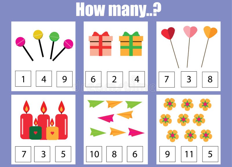 Counting educational children game, kids activity worksheet. How many objects task stock illustration
