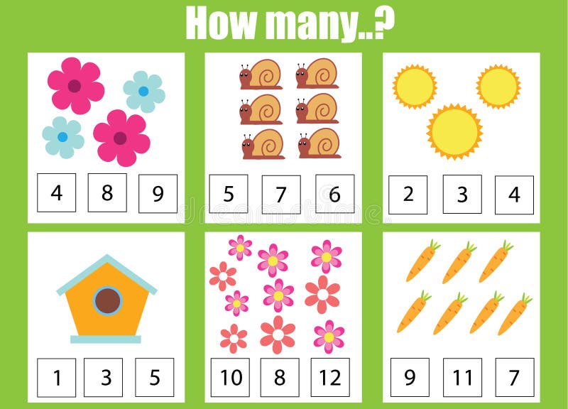 Counting educational children game, math kids activity. How many objects task royalty free illustration