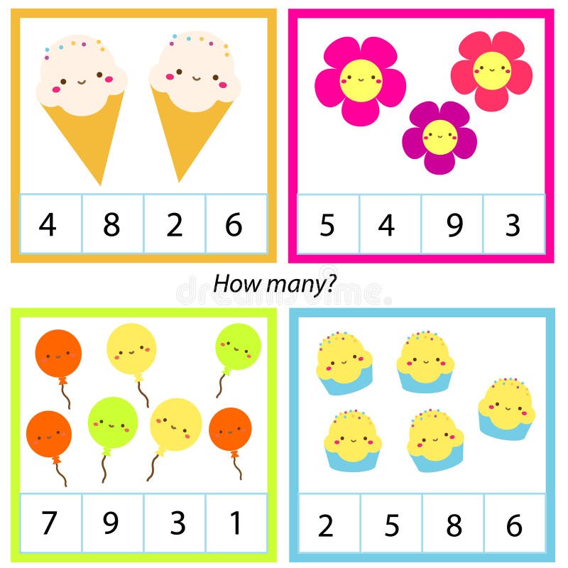 Counting educational children game. Mathematics activity for kids and toddlers. How many objects. Study math, numbers, addition stock illustration