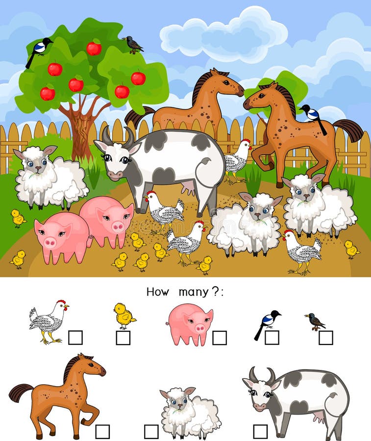 How Many Animals. Counting Educational Game with Different Farm Animals for  Preschool Kids Stock Vector - Illustration of funny, calculation: 124941437