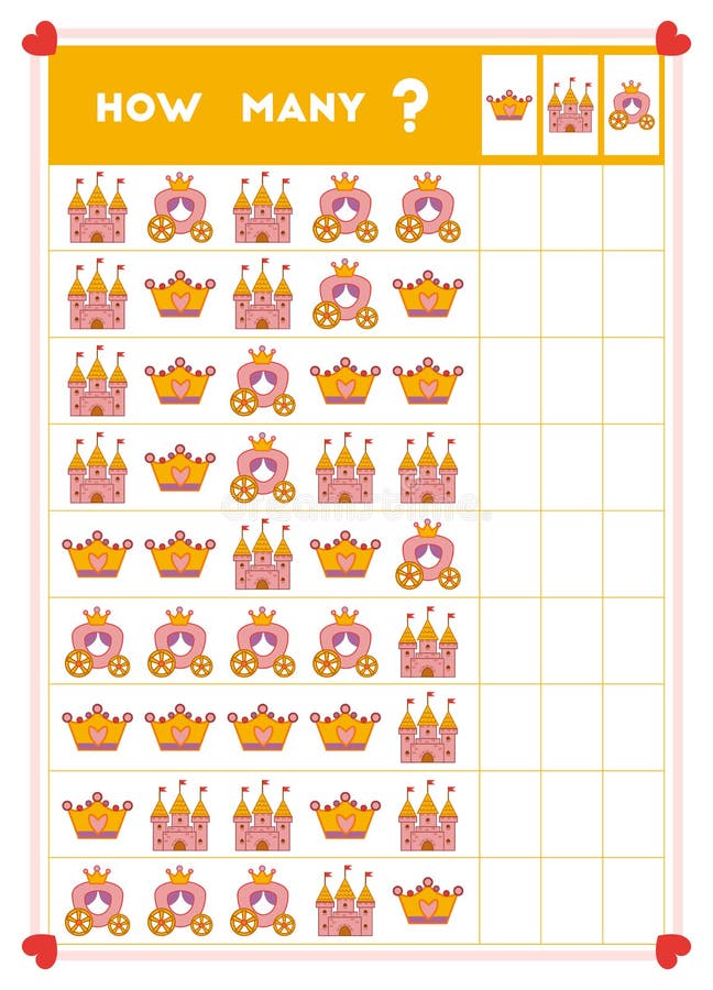 Counting game, educational game for children. Count how many objects in each row vector illustration