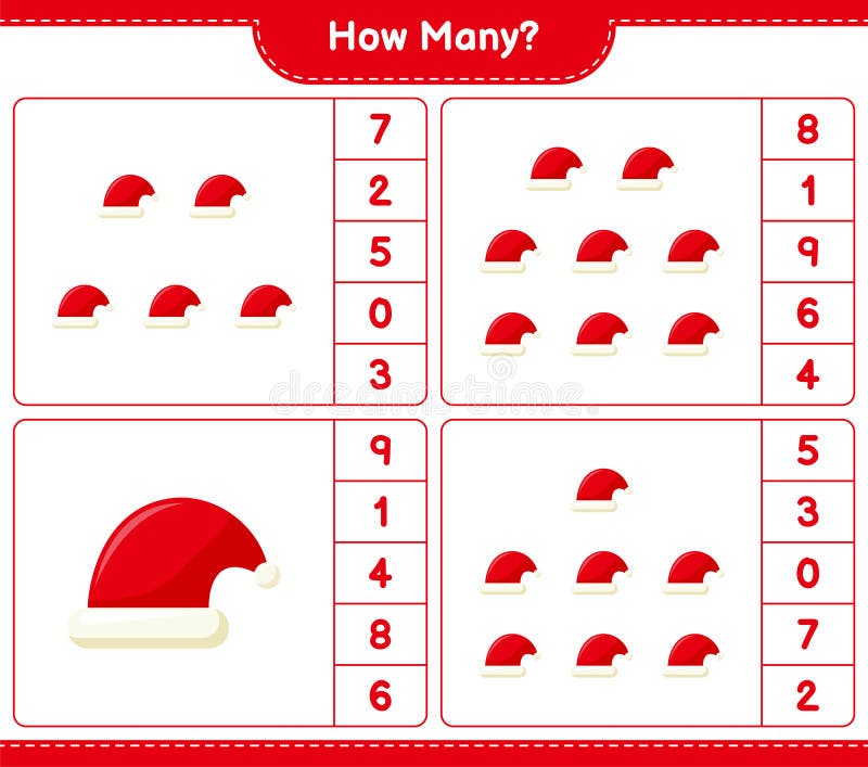 Counting game, how many Santa Hats. Educational children game, printable worksheet vector illustration