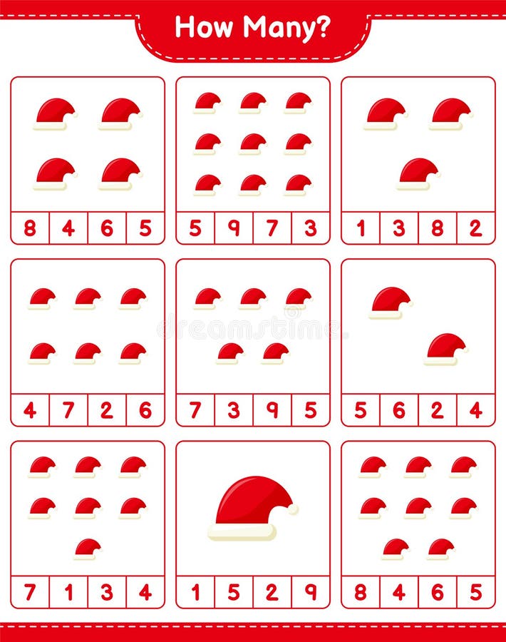 Counting game, how many Santa Hats. Educational children game, printable worksheet royalty free illustration