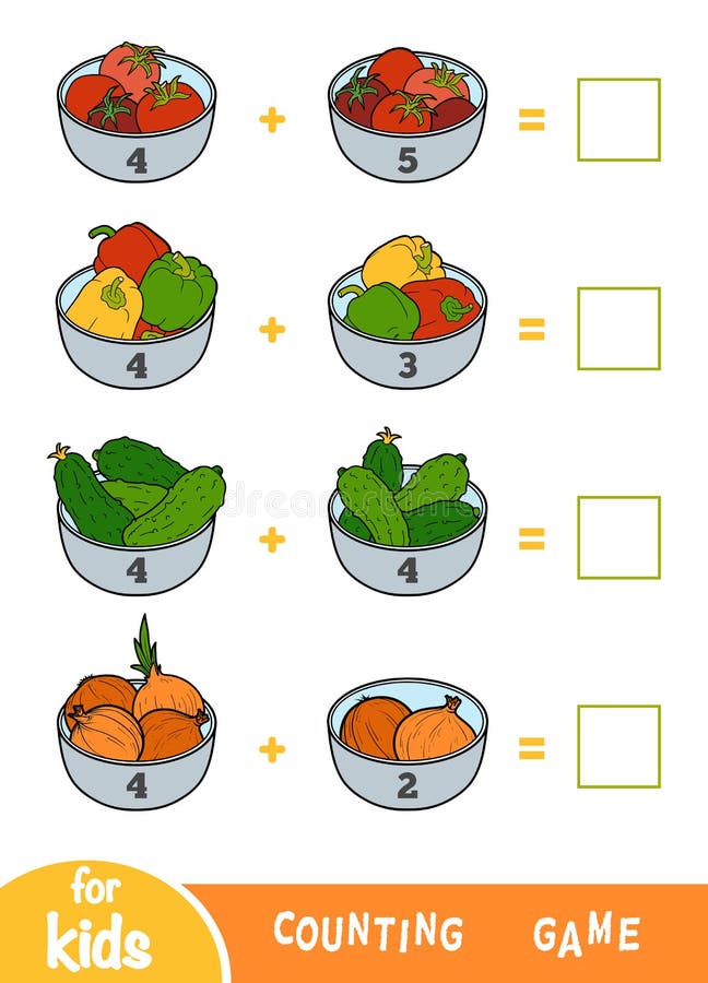 Counting Game for Preschool Children. Addition worksheets. Vegetable bowls royalty free illustration Counting Game for Preschool Children. Addition worksheets. Vegetable bowls royalty free illustration