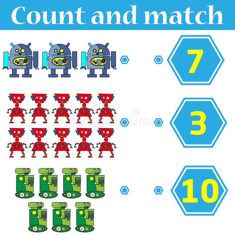 Counting game for preschool kids. Educational and mathematical game for children. Count and match - worksheet for kids vector illustration Counting game for preschool kids. Educational and mathematical game for children. Count and match - worksheet for kids vector illustration