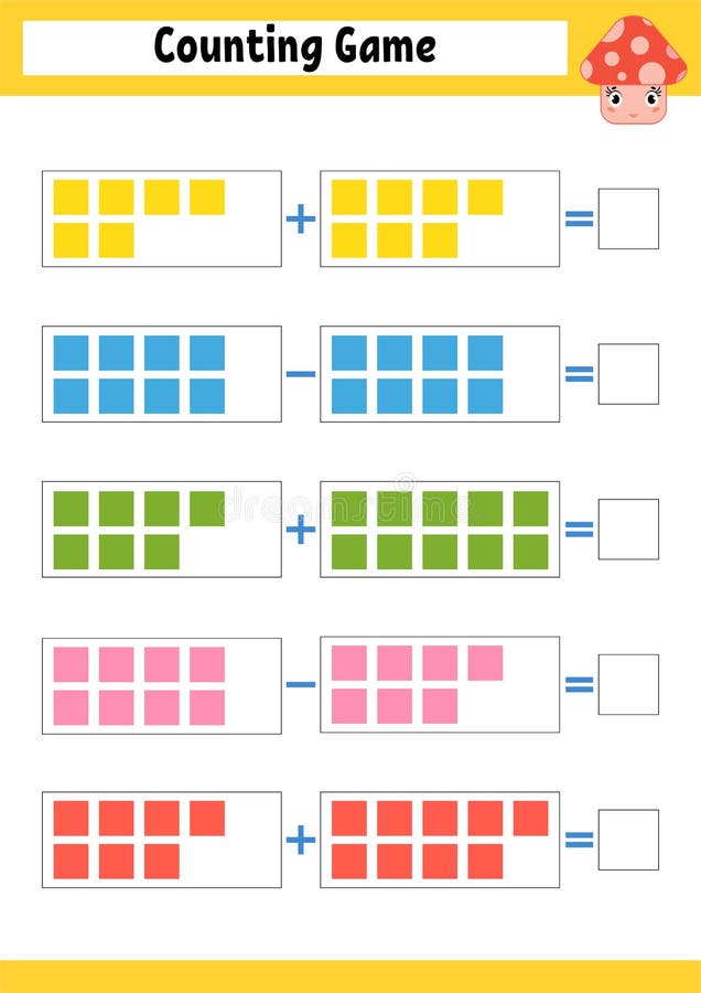 Counting game for preschoolers. Educational mathematical game on addition and subtraction. Active worksheet for kids. Bright vecto royalty free illustration Counting game for preschoolers. Educational mathematical game on addition and subtraction. Active worksheet for kids. Bright vecto royalty free illustration