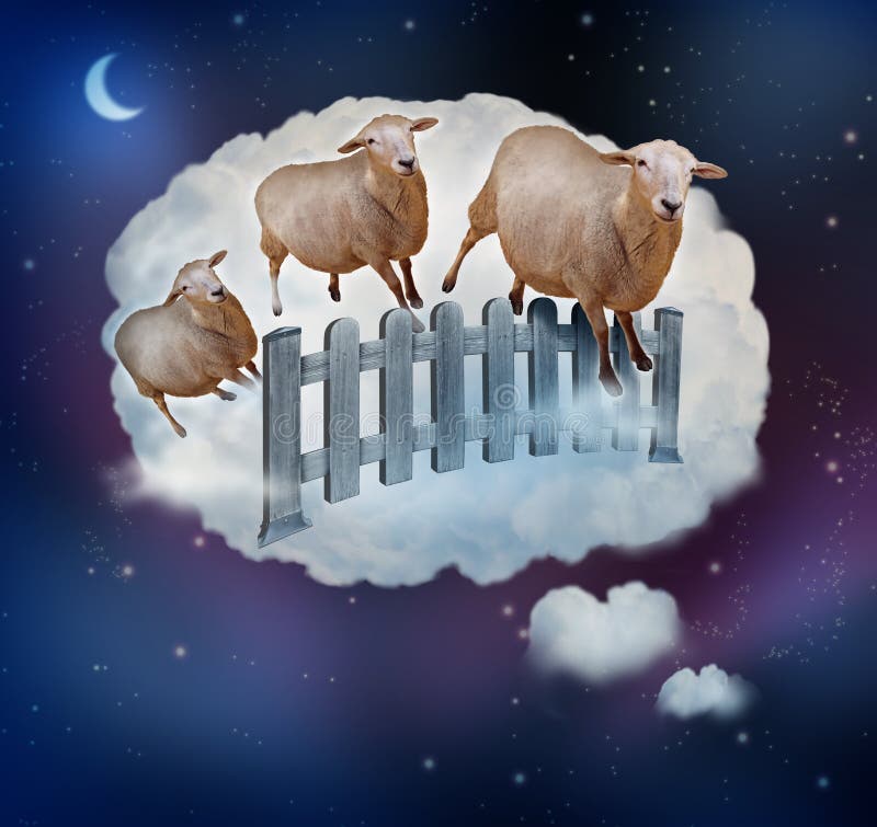 Counting sheep concept as a symbol of insomnia and lack of sleep due to challenges in falling asleep as a group of farm animals jumping over a fence in a dream bubble as an icon of bedtime for sleepy children and tired adults.