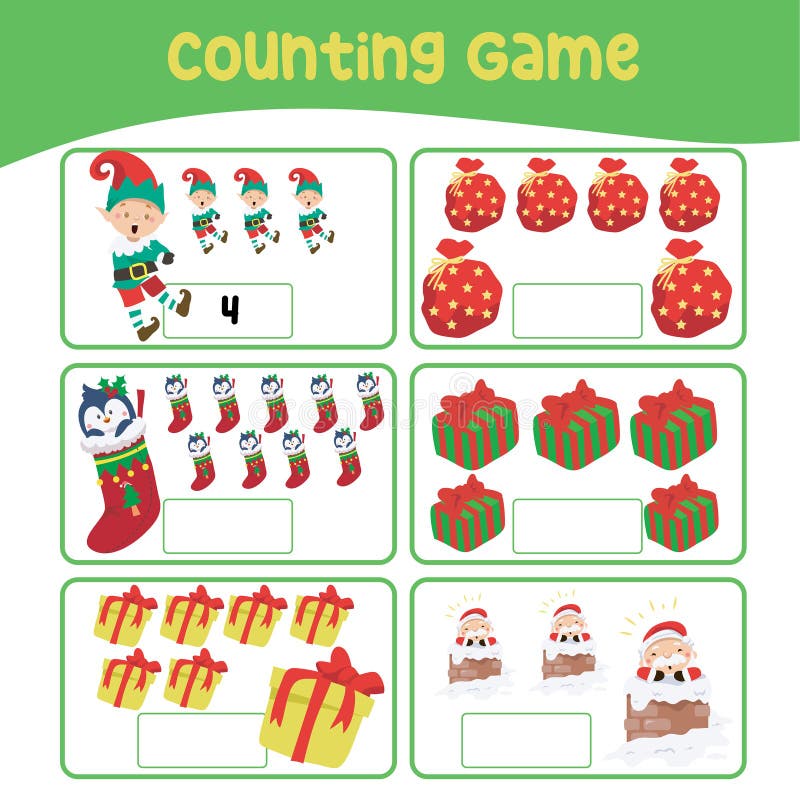 Counting and writing game worksheet for kids with Christmas theme stock illustration