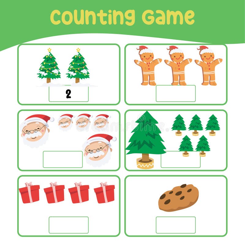 Counting and writing game worksheet for kids with Christmas theme vector illustration