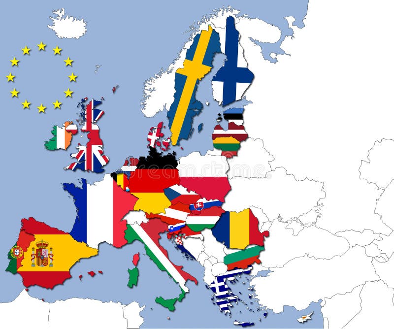 28 země z Evropská unie a jejich vlajky.