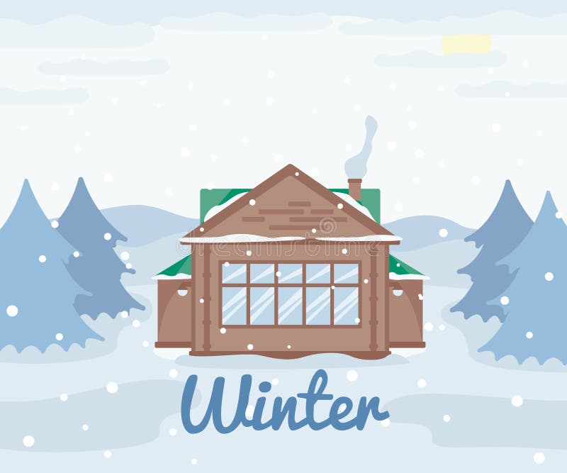 Country cottage in winter, wooden house in forest, snowy landscape spruce trees, winter outdoor view, countryside nature vector illustration Country cottage in winter, wooden house in forest, snowy landscape spruce trees, winter outdoor view, countryside nature vector illustration