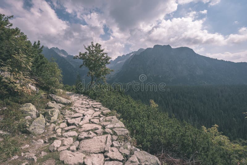 Country gravel road leading up to the mountains - vintage retro