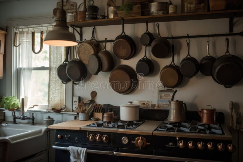 https://thumbs.dreamstime.com/b/country-kitchen-ceramic-pots-pans-hanging-above-stove-created-generative-ai-280920634.jpg