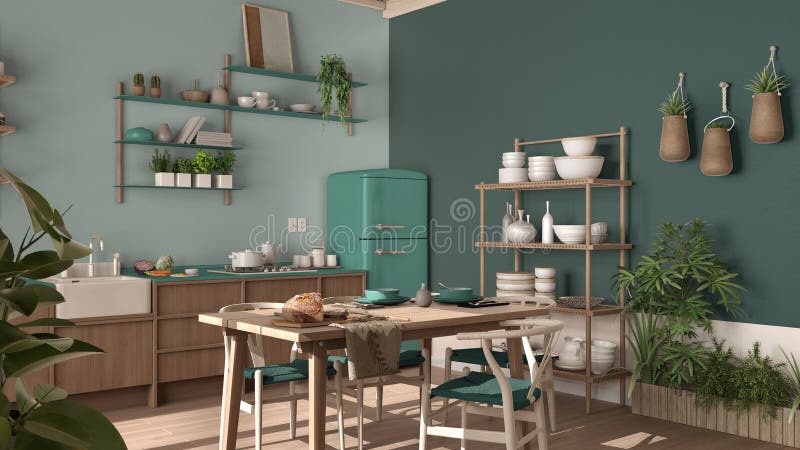 Country Kitchen Eco Interior Design In Turquoise Tones Sustainable Parquet Floor Dining Table Chairs Wooden Shelves And Stock Illustration Illustration Of Style Luxury 199482870