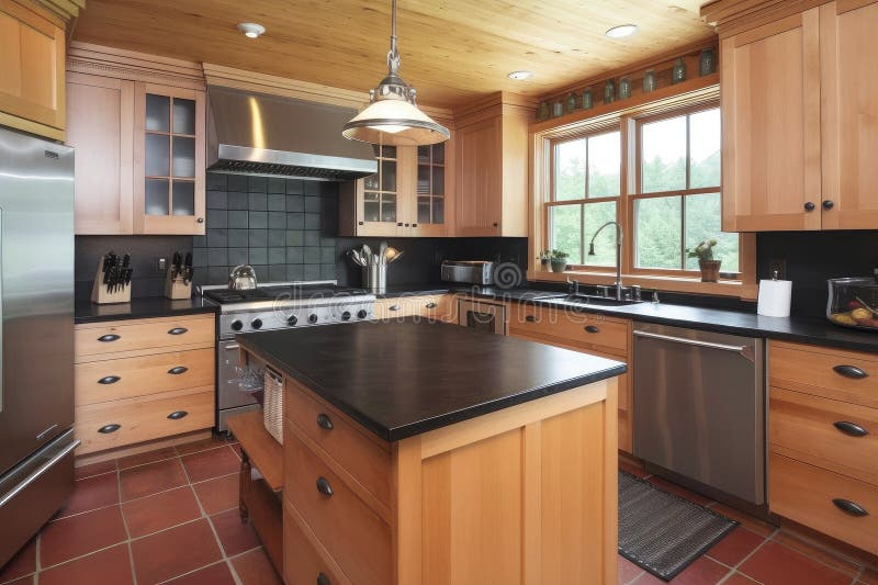 Country Kitchen, with Ceramic Pots and Pans Hanging Above the Stove Stock  Illustration - Illustration of rustic, generative: 280920634