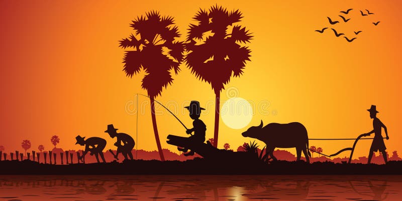 Country life of Asia boy fishing while farmer plant rice and another plow field by buffalo on sunrise time,silhouette style