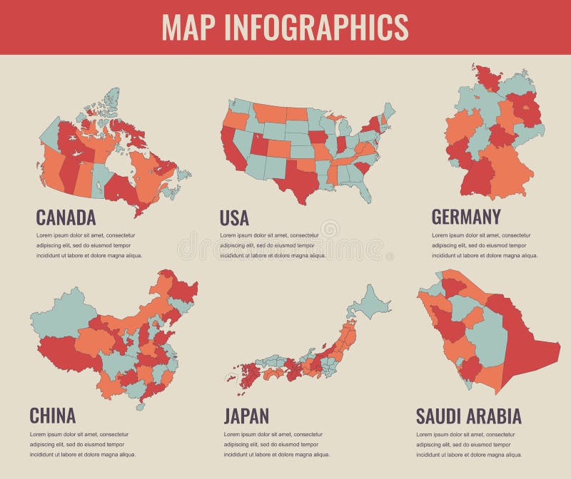 Country maps infographic template. USA, Japan, Canada, China, Germany, Saudi Arabia. Selectable territories. Vector stock illustration Country maps infographic template. USA, Japan, Canada, China, Germany, Saudi Arabia. Selectable territories. Vector stock illustration