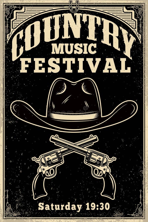 Country music festival poster template. Cowboy hat with crossed revolvers. Wild West theme. Design element for poster, card, banne royalty free illustration Country music festival poster template. Cowboy hat with crossed revolvers. Wild West theme. Design element for poster, card, banne royalty free illustration