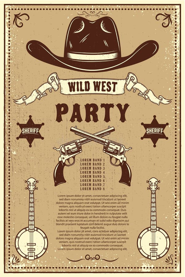 Country music festival poster template. Cowboy hat with crossed revolvers. Wild West theme. Design element for poster, card, banne stock illustration Country music festival poster template. Cowboy hat with crossed revolvers. Wild West theme. Design element for poster, card, banne stock illustration