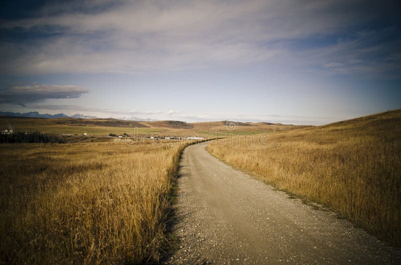 Strada di campagna in un ambiente rurale, in Alberta, Canada, con le montagne in autunno giallo erba.